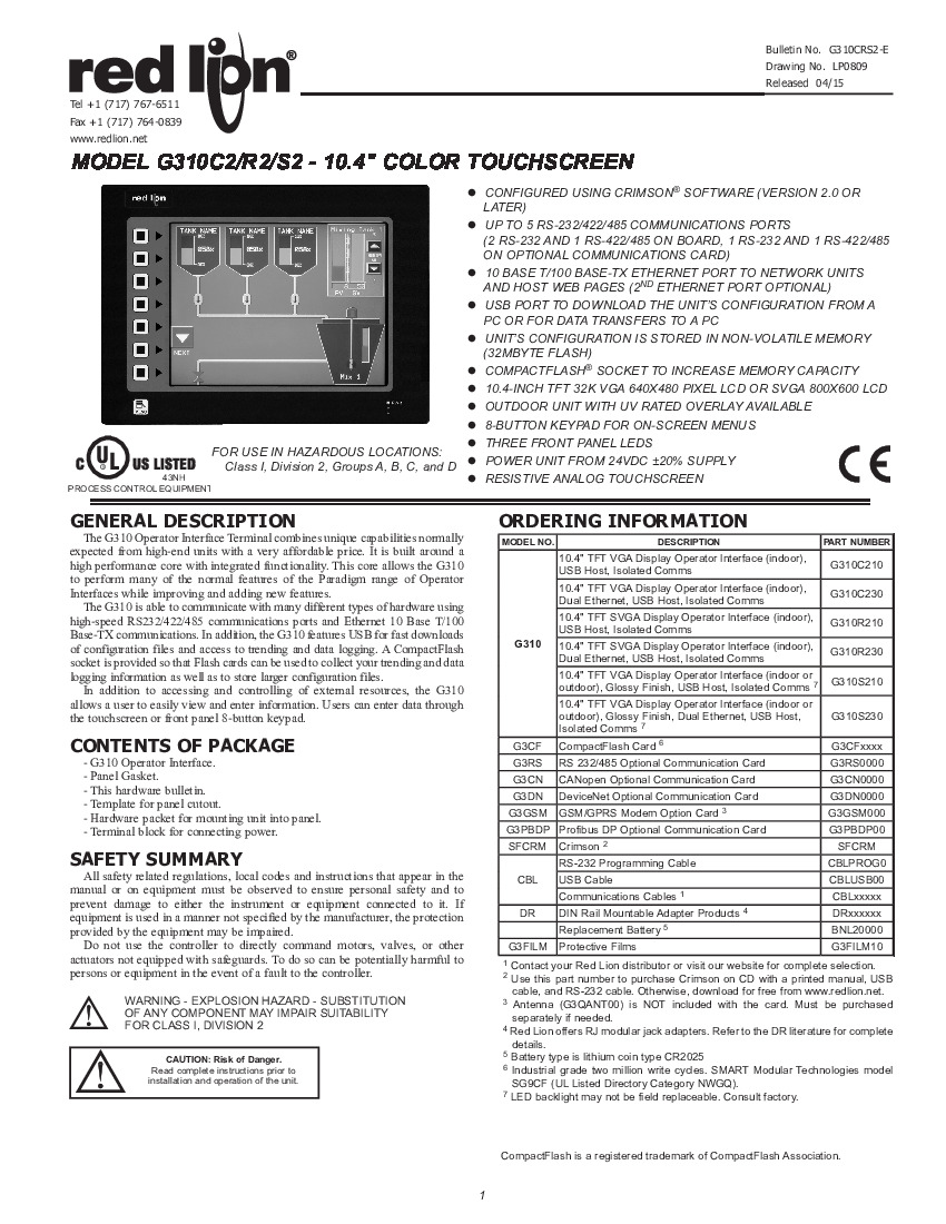 First Page Image of G310R230 Red Lion G310C2_R2_S2 Product Manual G310CRS2-E.pdf